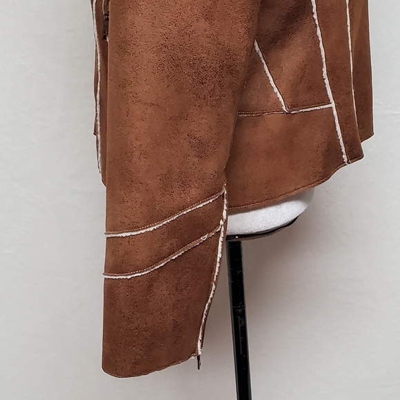 VINTAGE 90s Toffee Faux Suede Faux Fur Zip-Sleeve Full-zip Fleece Lined Jacket - Picture 8 of 13